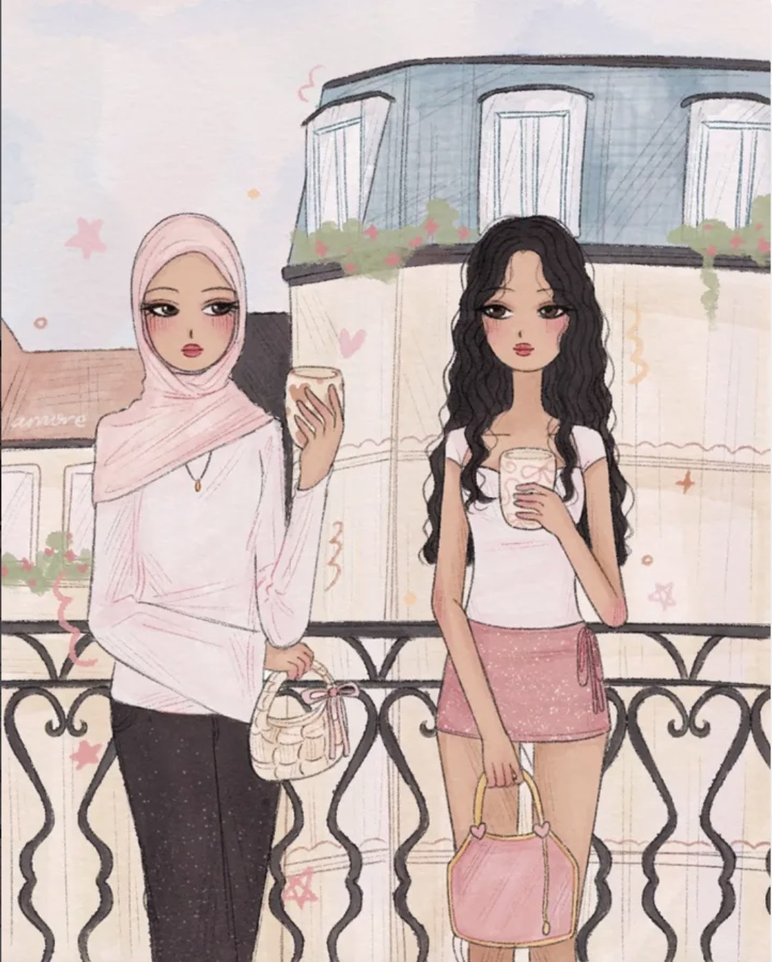 Illustration of two girls on a balcony with pink accessories