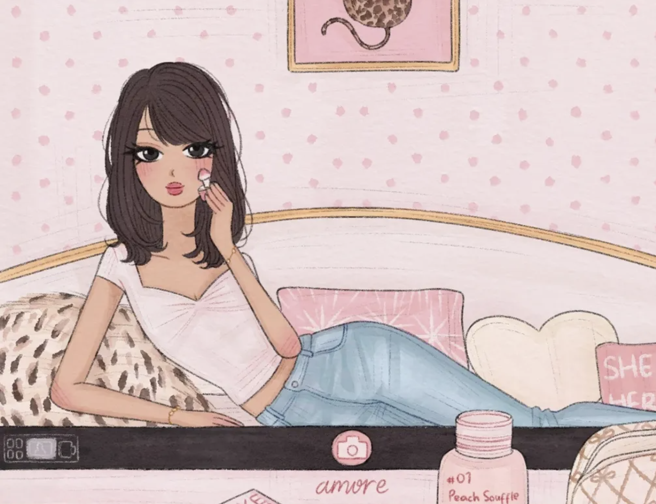 Beauty illustration of a girl applying blush