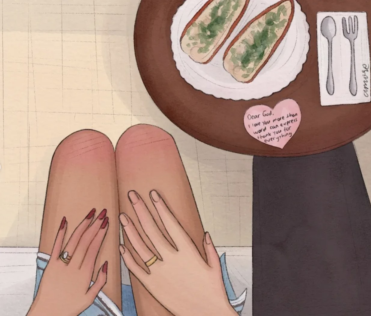 Illustration of hands at a cafe table with a heart note