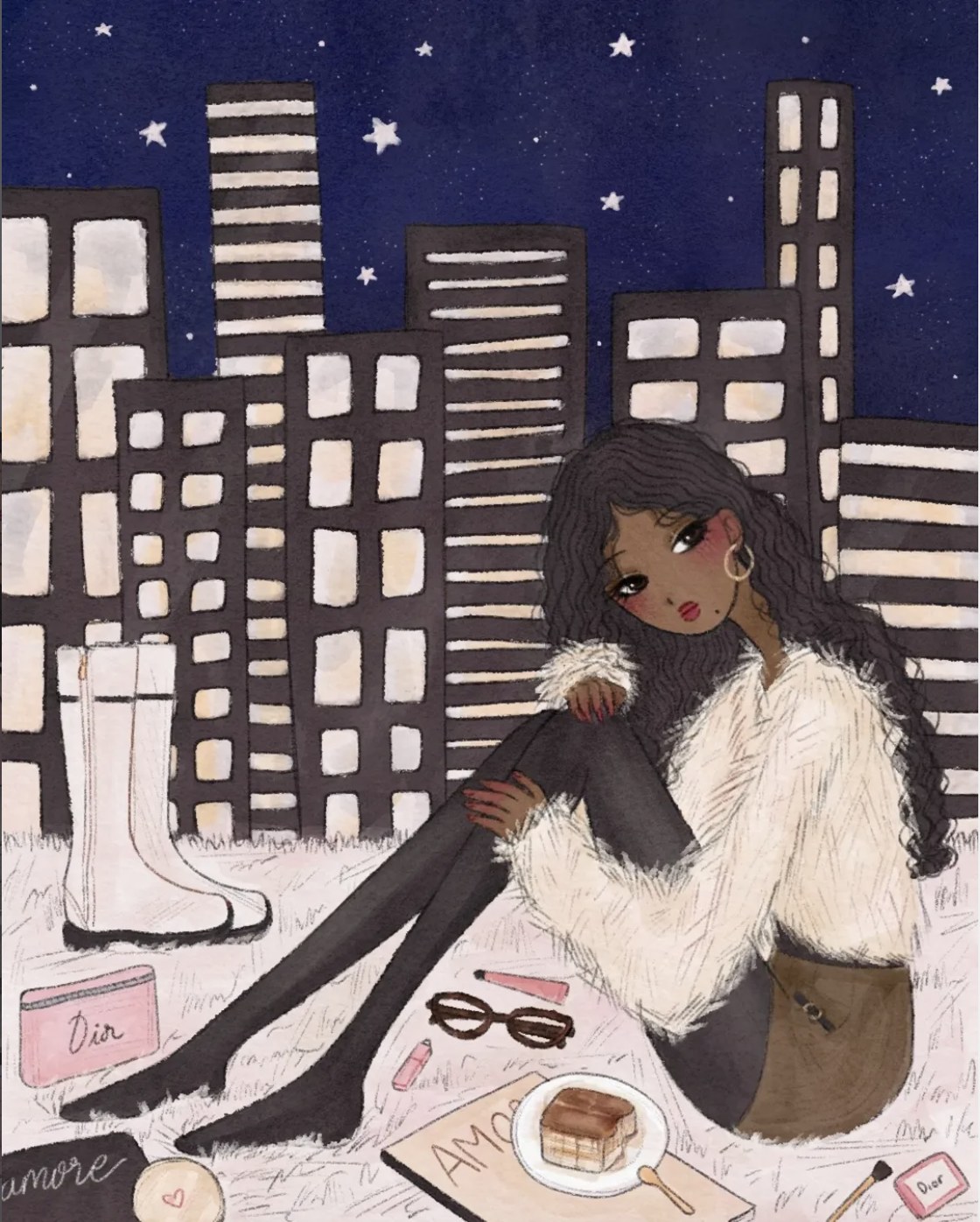 Night city fashion illustration with stars