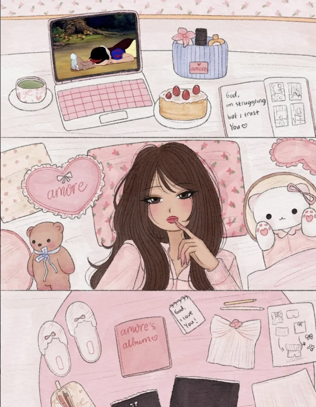 Cozy pink bedroom illustration with a girl drawing