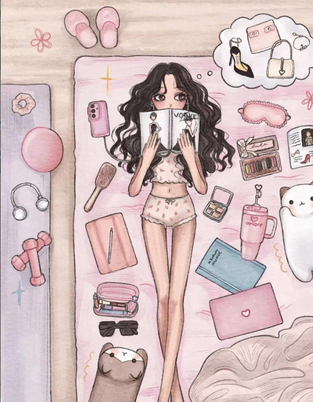 Pink bedroom fashion illustration with accessories