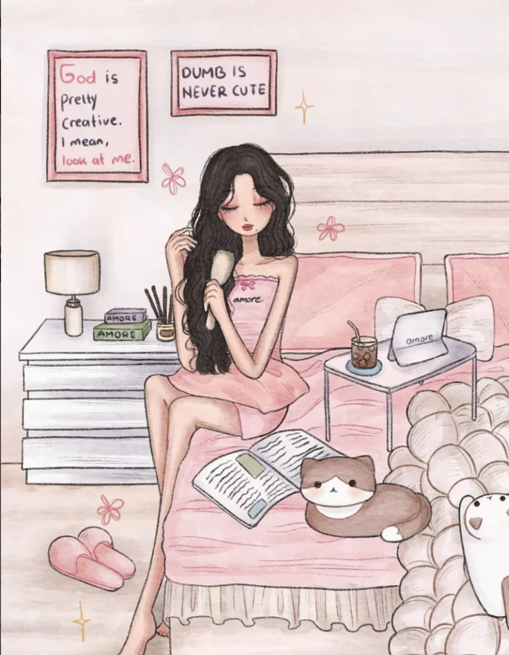 Bedroom illustration of a girl brushing her hair