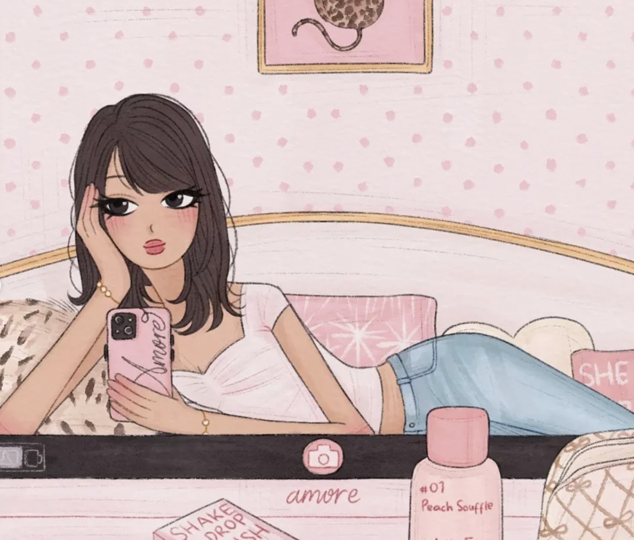 Fashion illustration of a mirror selfie with beauty products