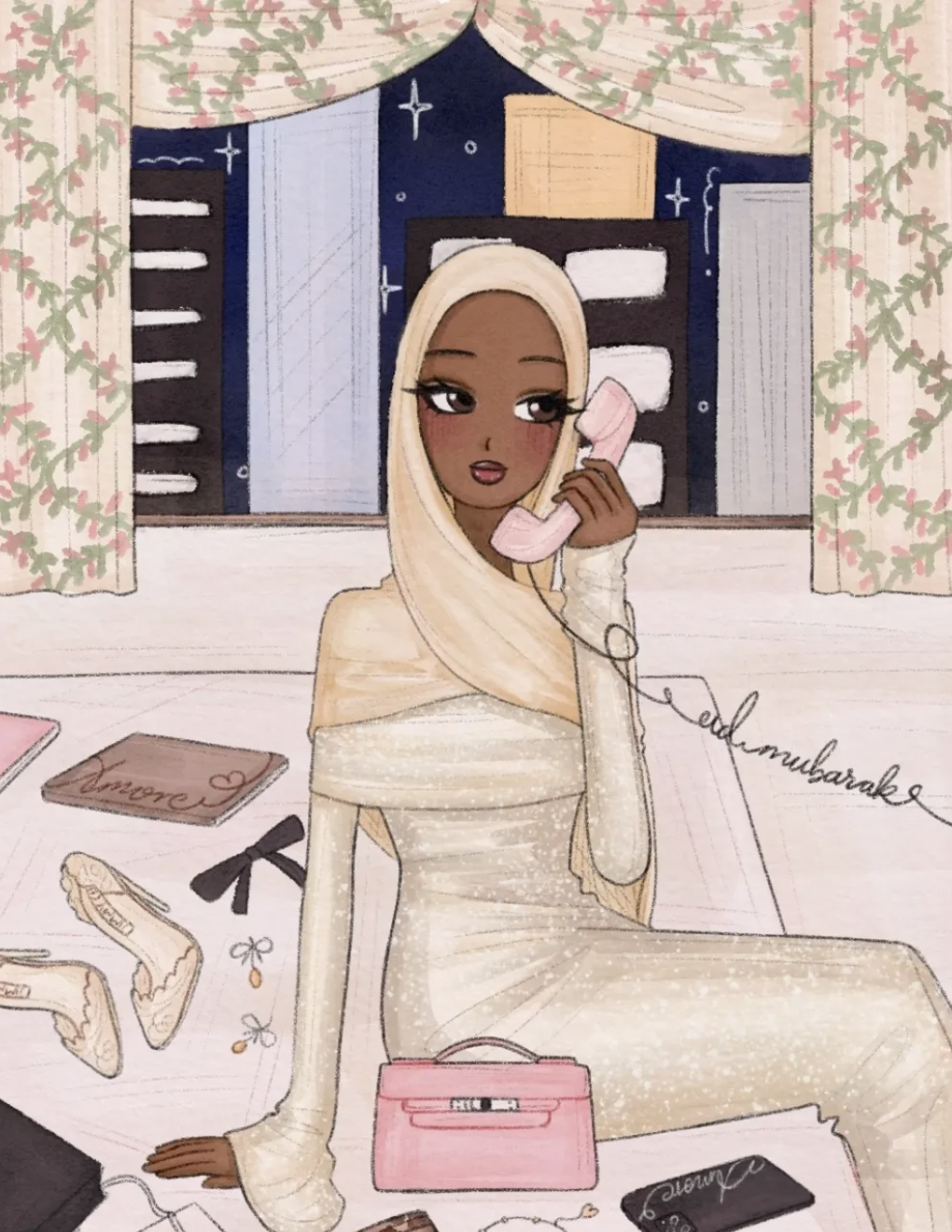 Fashion illustration of a girl holding a pink telephone