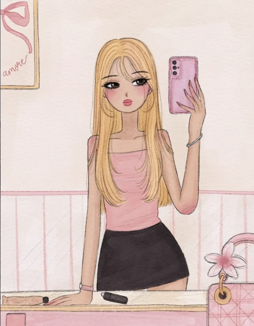 Blonde fashion illustration taking a mirror selfie