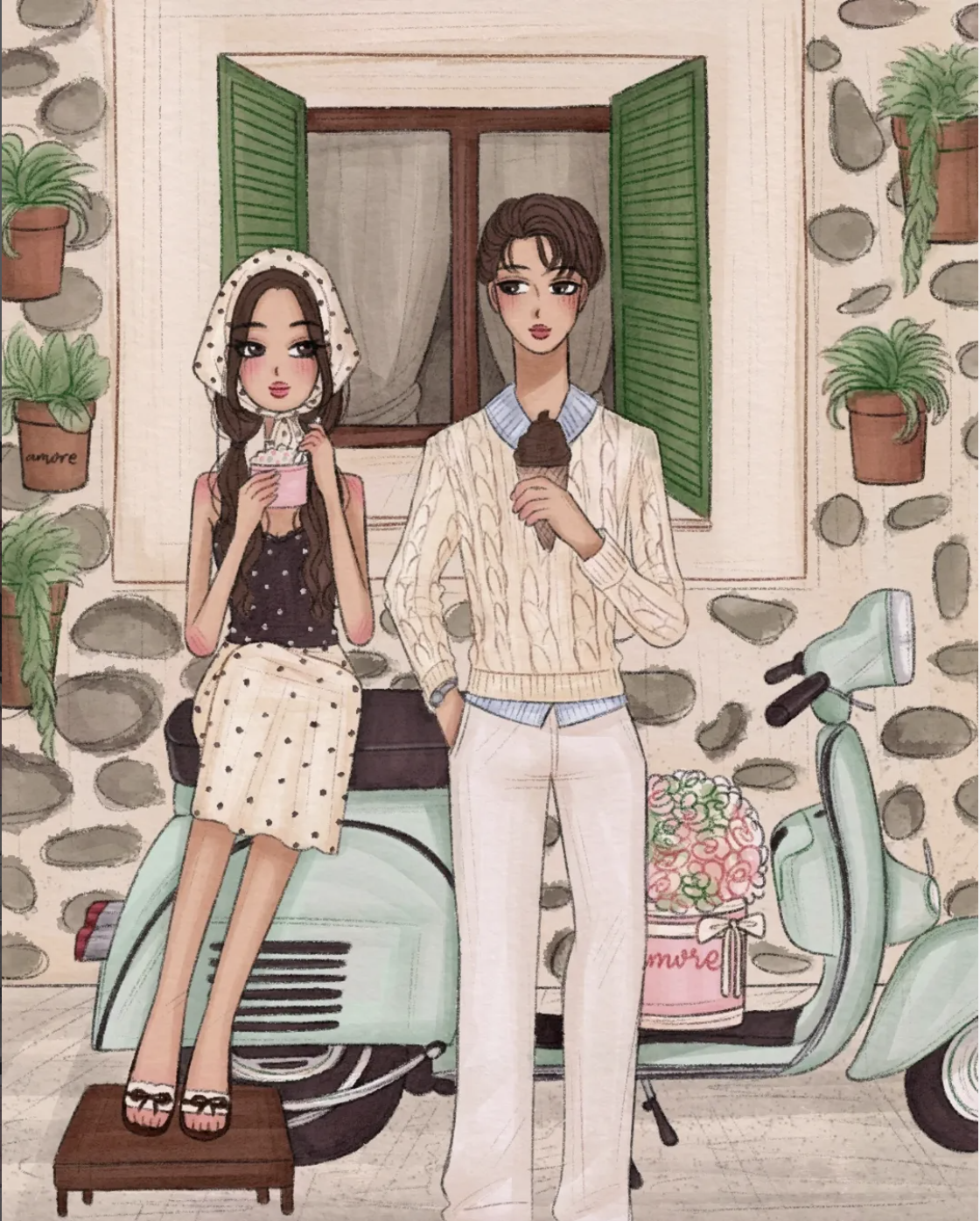 Couple fashion illustration beside a pastel scooter