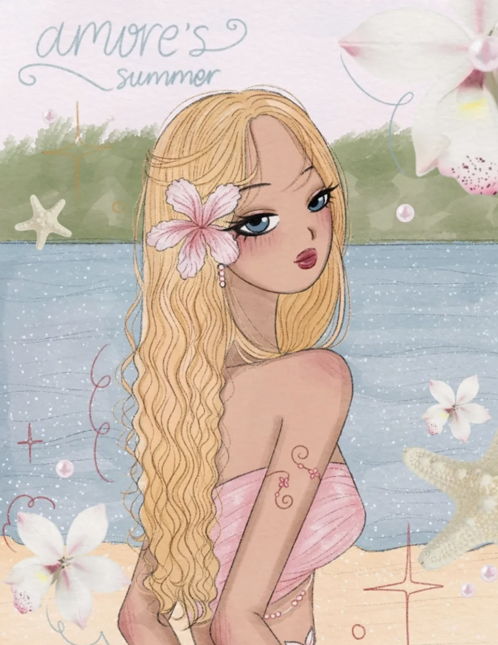 Summer fashion illustration with flowers and water
