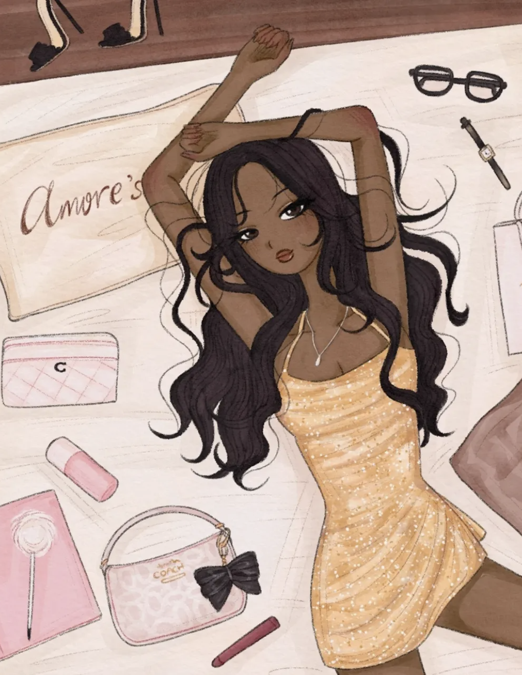 Fashion illustration with makeup and accessories