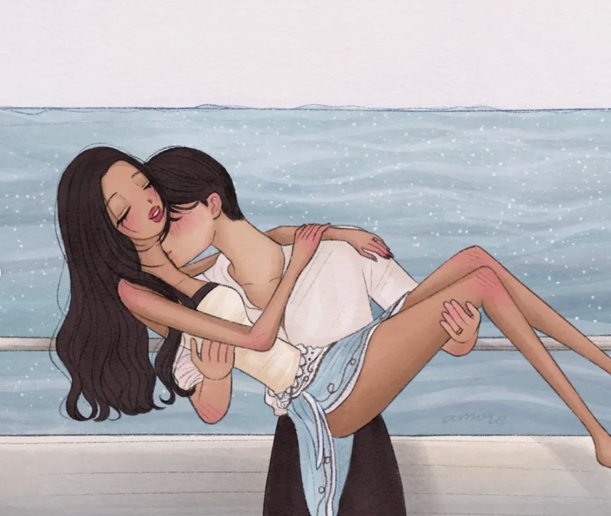 Romantic yacht illustration of a couple