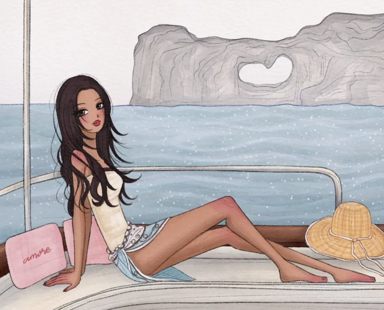 Fashion illustration of a girl relaxing on a yacht